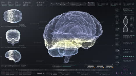 Medizinisches-Konzept:-Futuristische-Head-up-Anzeige-Virtueller-Holographischer-Gehirnscan-Analyse,-Biomedizinischer-Neuronenpathologie-Und-Diagnostischer-Daten-Für-Alzheimer-Und-Psychische-Störungen