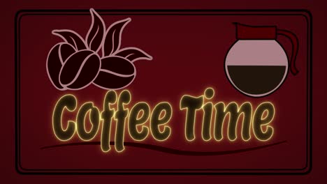 Lebendige-Und-Klassische-Animierte-Bewegungsgrafik-Einer-Kaffeekanne,-Die-Sich-Eingießt,-Um-Die-Worte-„Kaffeezeit“-Zu-Offenbaren,-Mit-Stilvollem-Kaffeebohnen--Und-Blättermotiv-Und-Einem-Tiefroten-Hintergrund