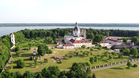 Pazaislis-monastery-complex-building-with-majestic-dome-in-fly-away-aerial-view