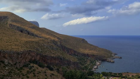 Panning-of-Sicilian-Riserva-dello-Zingaro-natural-reserve-in-Sicily-with-mountains-cliffs-and-coves