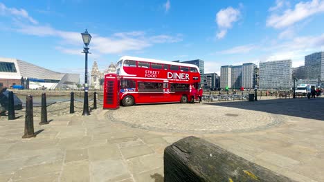 British-landmark-double-decker-bus-street-food-restaurant-food-truck-on-Albert-dock