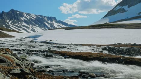 Stream-Flowing-With-Snowy-Landscape-And-Rocky-Mountains-In-Background