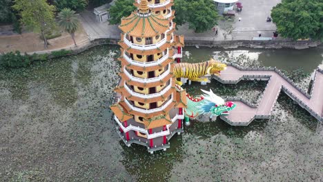 Clockwise-Circular-motion-View-of-Spectacular-Dragon-And-Tiger-Pagodas-Temple-With-Seven-Story-Tiered-Tower-Located-at-Lotus-Lake-at-Kaohsiung-City-Taiwan