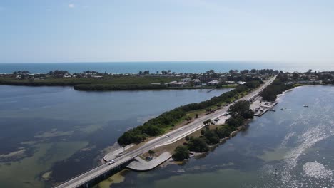 aerial-of-clear-intercoastal-waters-near-Holmes-Beach-in-Bradenton,-Florida