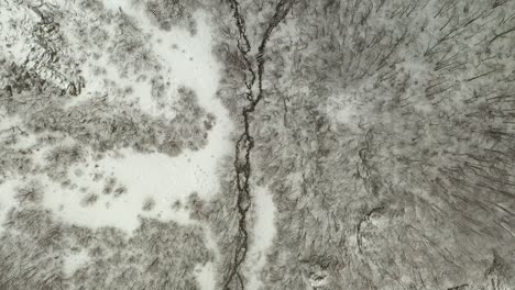 River-stream-flows-in-snow-covered-winter-forest,-aerial-overhead
