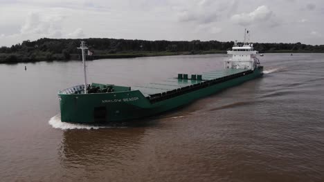 Aerial-View-Of-Port-And-Forward-Bow-Of-Green-Arklow-Beacon-Navigating-Oude-Maas