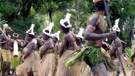 Actuación-De-Danza-En-Vivo-Cantada-Por-Mujeres-En-El-Festival-De-Música-Cultural-Vistiendo-Atuendos-Tradicionales-De-Bougainville-En-La-Isla-Tropical-Arob-Bougainville,-Papúa-Nueva-Guinea