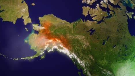 Bosque-De-Alaska-E-Incendios-Forestales-En-El-Mapa-De-Alaska---Animación-3d-Con-Humo-Y-Crecimiento-Aéreo-De-Daños---Hecho-De-Imagen-De-Dominio-Público-De-La-Nasa
