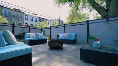 Modern-Brooklyn-garden-of-luxury-brick-house,-cozy-furniture-in-outside-backyard