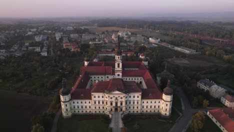 Slow-drifting-aerial-view-of-the-Hradisko-Monastery-currently-used-as-military-hospital,-a-national-cultural-monument-in-Olomouc-Czech-Republic