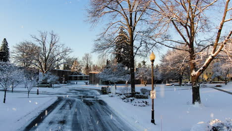AERIAL-Town-Hall-Lancaster-County,-Pennsylvania-USA-During-Snowfall