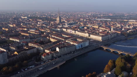 Aerial-View-Of-Turin-City-With-River-Po,-Ponte-Vittorio-Emanuele-I,-And-Mole-Antonelliana-In-Piedmont,-Italy