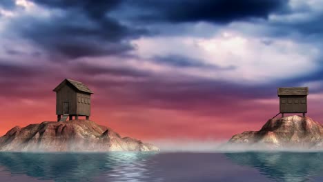 Animated-video-of-big-rocks-and-houses-floating-above-sea-with-red-clouds-in-the-background