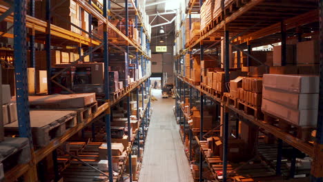 Man-leaving-a-long-warehouse-aisle-with-stacked-packed-boxes,aerial