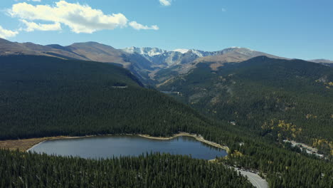 Landscape-aerial-view-over-Echo-Lake-with-Mt-Evans-Colorado-in-background,-4K