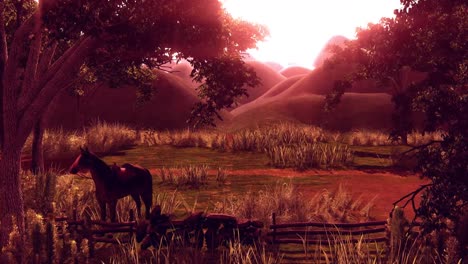 Ein-Pferd,-Das-Während-Des-Sonnenuntergangs-Auf-Einer-Stehenden-Weide-Kräuter-Frisst