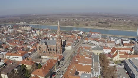 Historic-City-Center-Of-Osijek-With-St-Peter-And-Paul-Cathedral-In-Croatia---aerial-drone-shot