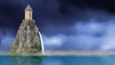 Animated-video-of-big-rocks-and-houses-floating-above-sea-with-rainy-clouds-in-the-background