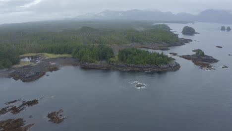 Aerial-shot-of-the-beautiful-landscape-of-the-native-American-island-on-an-overcast-day,-Annette-Island-Southern-Alaska