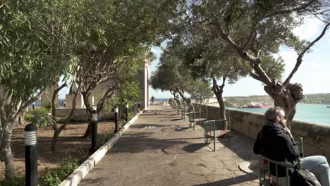 Tourists-Sitting-on-Benches-Beneath-Olive-Trees-on-Lower-Barrakka-Gardens-Hill-in-Valletta