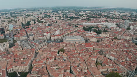 Dolly-forward-drone-shot-over-Central-Montpellier-City-France