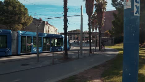 A-blue-tram-moving-in-the-morning