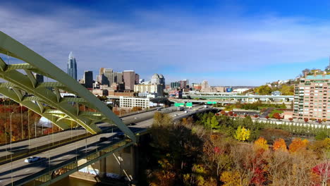 Cinematic-rising-and-rotating-drone-footage-of-downtown-Cincinnati-Ohio-in-the-fall