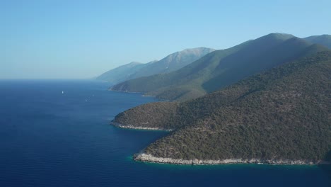 Aerial-view-Scenic-Mountain-hills-from-Kefalonia-Island-Coastline,-Idyllic-Landscape