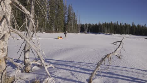 Man-dragging-expedition-snow-sled-full-of-camping-gear-through-nature