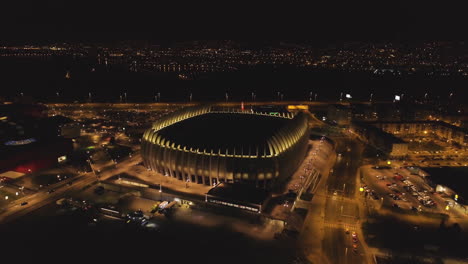 Aerial-View-Flying-Towards-Spectacular-Arena-Zagreb-At-Night-Time