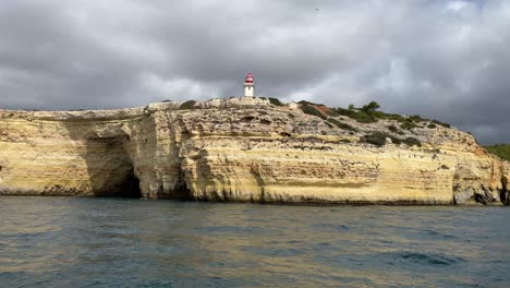 Lighthouse-on-a-coastal-seaside-cliff-on-gloomy-overcast-day