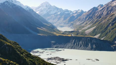 Panorama-shot-of-epic-Tasman-and-Mueller-Lake-during-beautiful-sunny-day---Snowy-peak-of-Mount-Cook-in-background