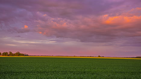 Time-lapse-shot-of-idyllic-agriultural-field-and-moving-clouds-on-colorful-sky-after-sunset---5K-footage