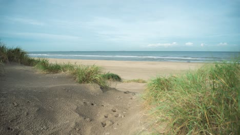 Dünen-In-Der-Nähe-Der-Küste-Eines-Strandes-Mit-Menschen,-Die-Tagsüber-Am-Nordseestrand,-Südholland,-Niederlande,-Spazieren-Gehen
