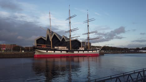 Wide-shot-of-the-Tall-Ship-Glenlee-at-the-Riverside-Museum-on-the-Clyde