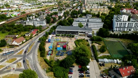 Cisowa,-Gdynia-city,-Poland---attraction-park-near-the-school-with-mini-soccer-pitch---aerial-view