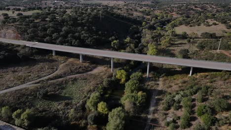 Modern-elevated-road-near-ancient-roman-bridge,-Vila-Formosa-in-Portugal