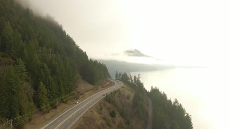 Aerial-panoramic-view-of-Sea-to-Sky-Highway-near-Horseshoe-Bay-during-a-sunny-winter-evening-before-sunset