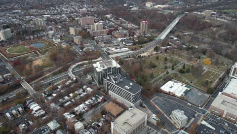 Aerial-View-of-Downtown-Neighborhood,-Interstate-Highway-and-Parks-in-Wilmington-Delaware-USA