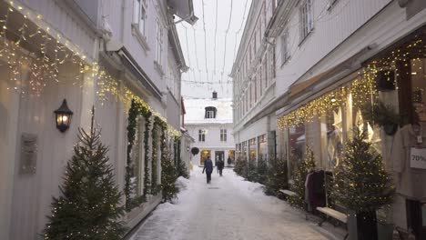 Beautifully-Decorated-Shops-In-Kragero-Winter-Town-In-December---tilt-down-medium-shot