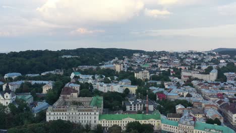 City-skyline-of-old-European-buildings-in-Lviv-Ukraine-during-sunset-in-the-summer