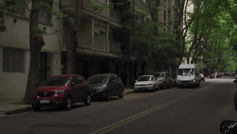 Von-Bäumen-Gesäumte-Straßenszene-In-Buenos-Aires,-Nach-Oben-Kippen-Und-Sich-Auf-Einen-Hohen-Baum-Konzentrieren