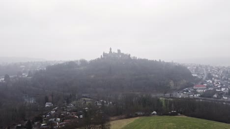 Aerial-footage-of-Braunfels-castle-on-a-gloomy-winter-day