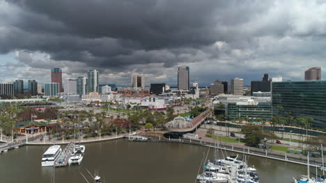 Aerial-drone-footage-of-downtown-Long-Beach-California-on-a-cloudy-day