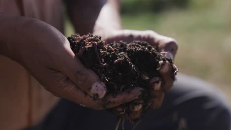 Farmer-holding-vermicompost-ground-soil-in-hands,-close-up