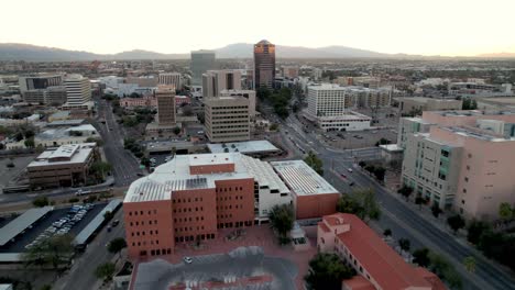 Aerial-push-in-to-Tucson-Arizona-Skyline-at-Sunrise