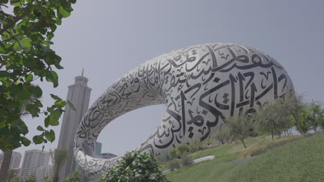 Dubai-Museum-of-the-Future,-Torus-Shaped-Shell-With-Arabic-Letters,-Unique-City-Landmark