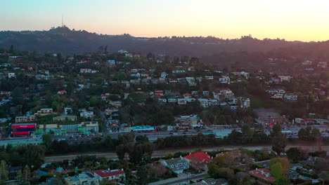 Panoramic-view-of-Hollywood-Hills-houses-during-sunset