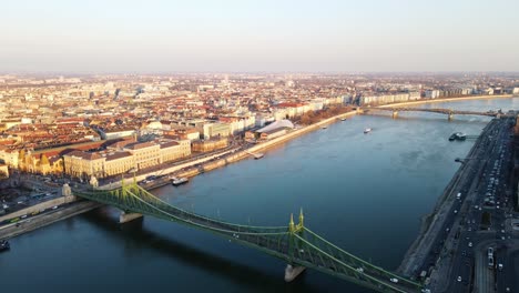 4K-drone-shot-of-Liberty-bridge-in-Budapest-Hungary-with-Danube-river-view