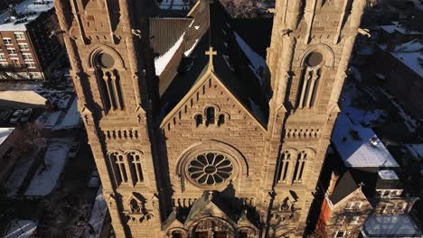 Aerial-Tilt-up-and-Reveal-The-Cathedral-of-the-Madeleine-in-Downtown-Salt-Lake-City-Utah